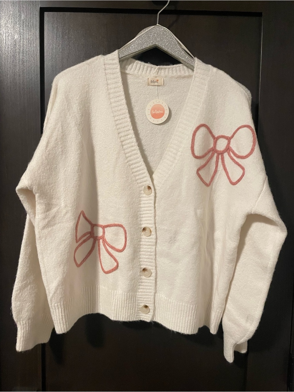 NWT - Tullabee Cream V-Neck Cardigan with Pink Bow Appliqués